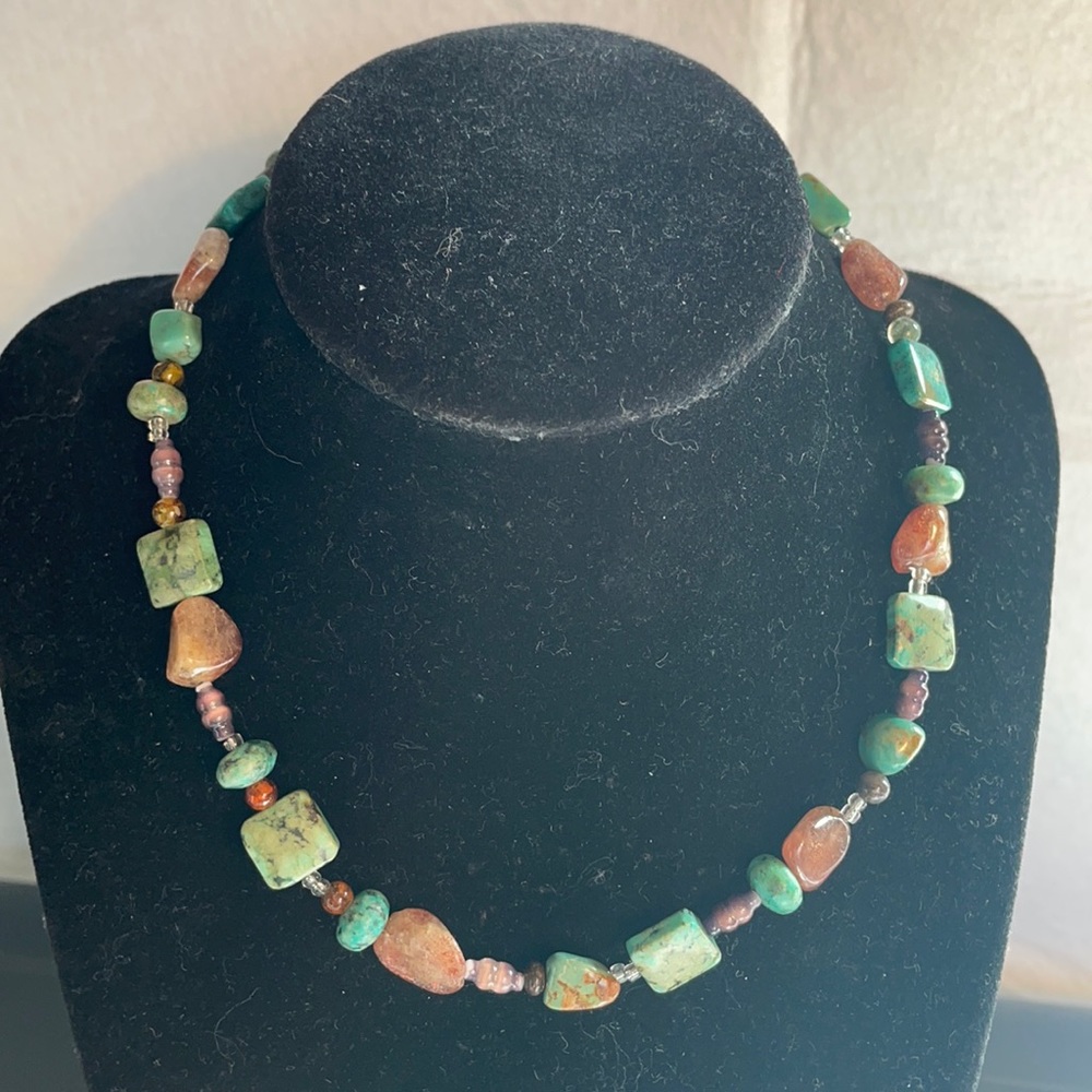 Turquoise and quartz natural stone necklace 15”. Magnetic clasp